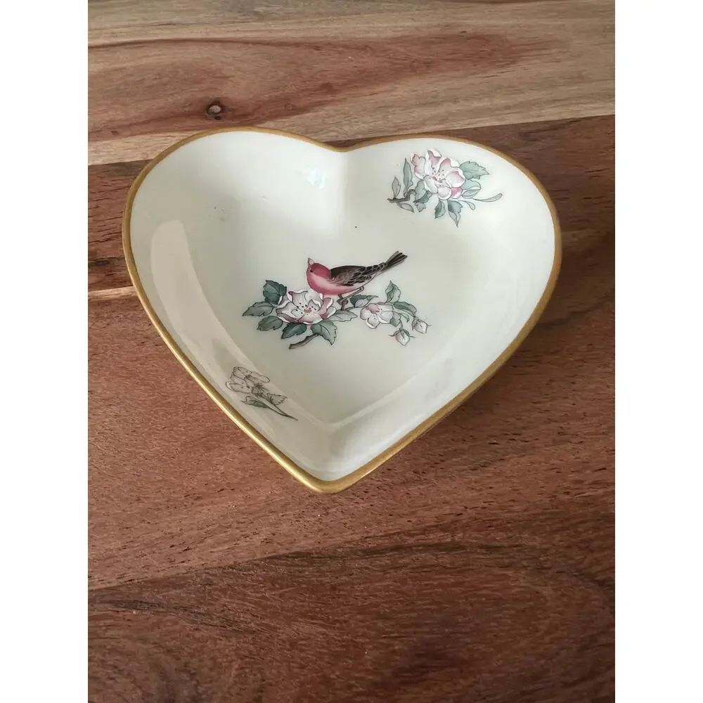 Lenox Serenade heart-shaped dish bird floral 24-karat gold trim jewelry vanity
